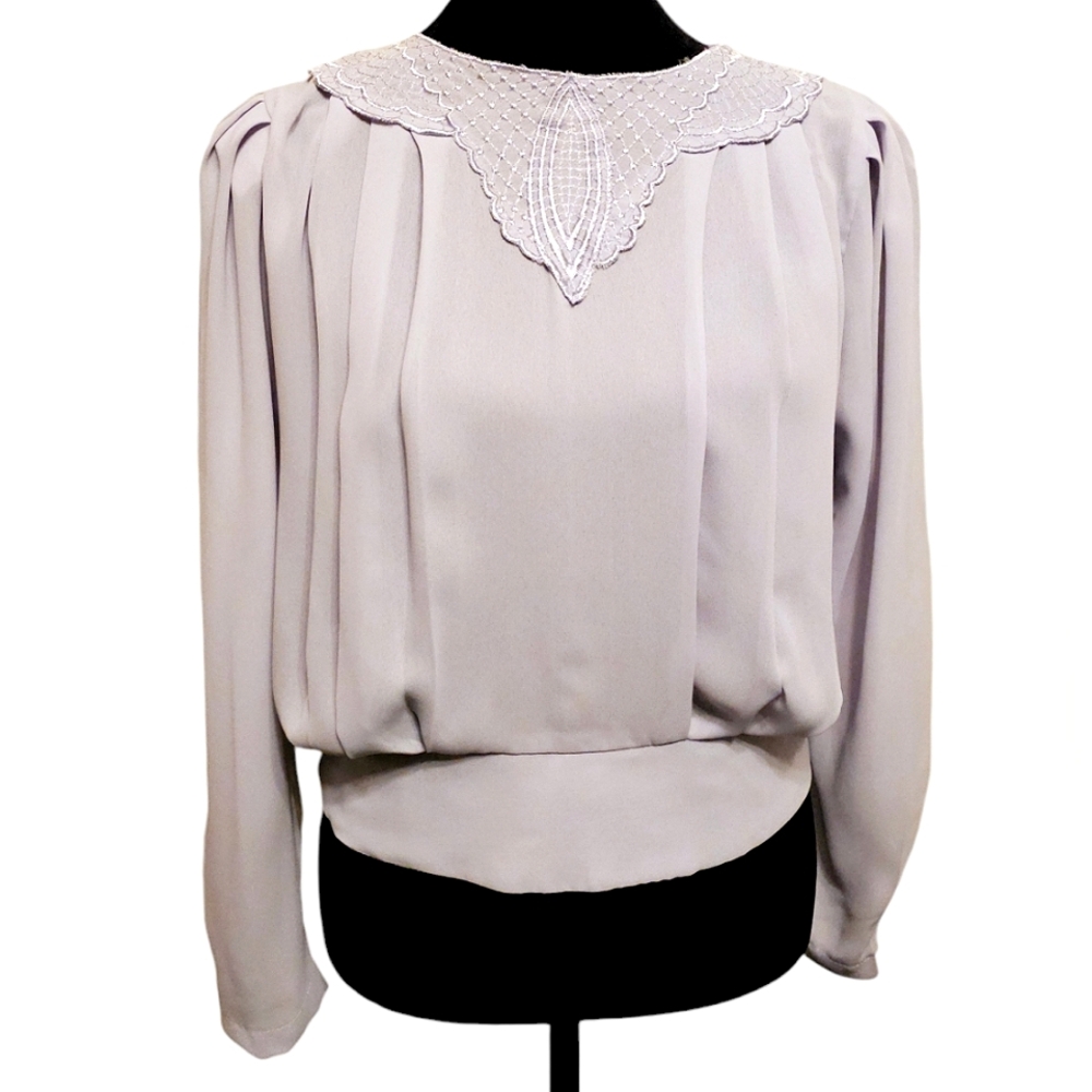 VINTAGE At Once Lace Pleated Button Back Secretary Gray Blouse Top Medium